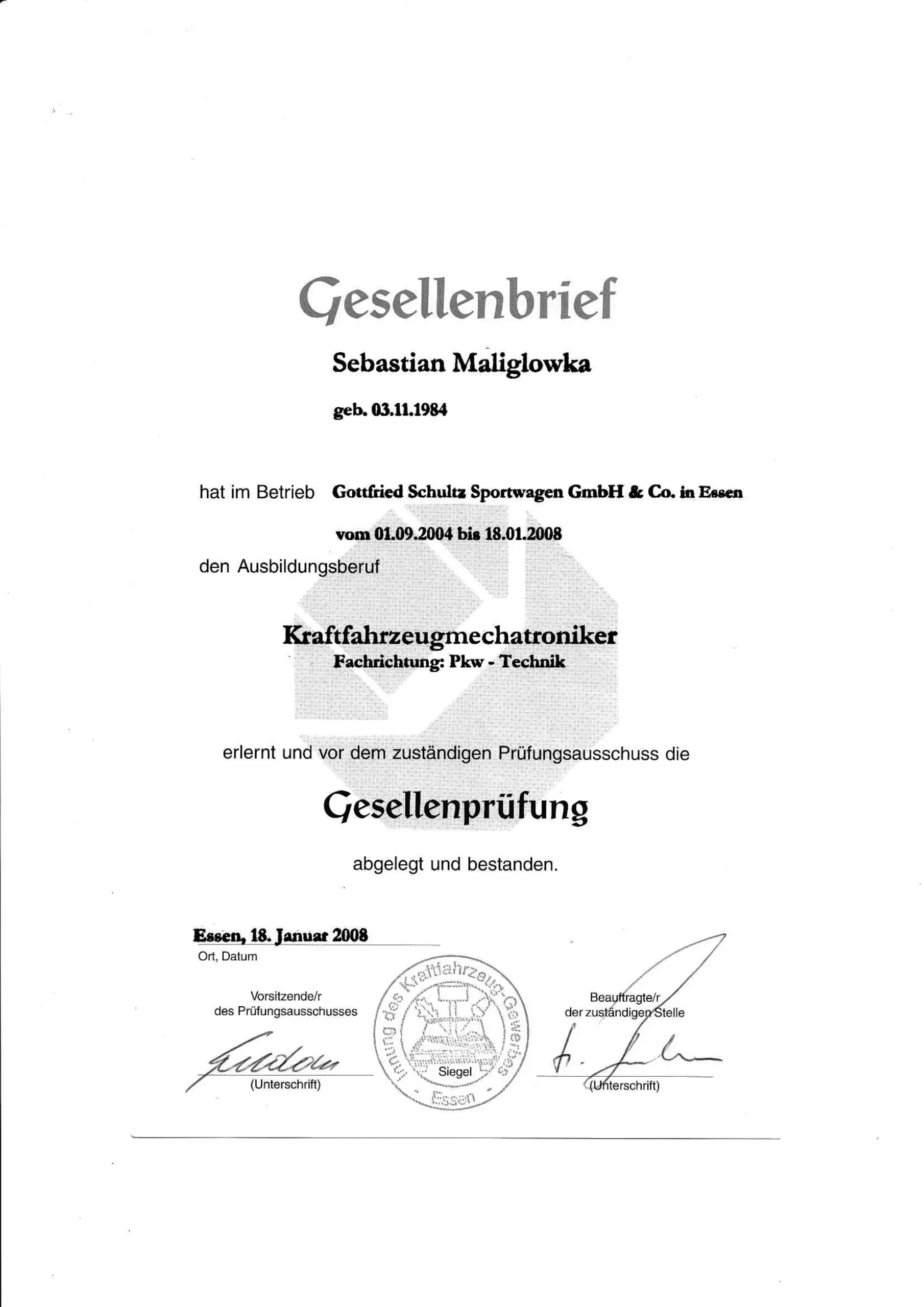 Gesellenbrief-Kraftfahrzeugmechatroniker