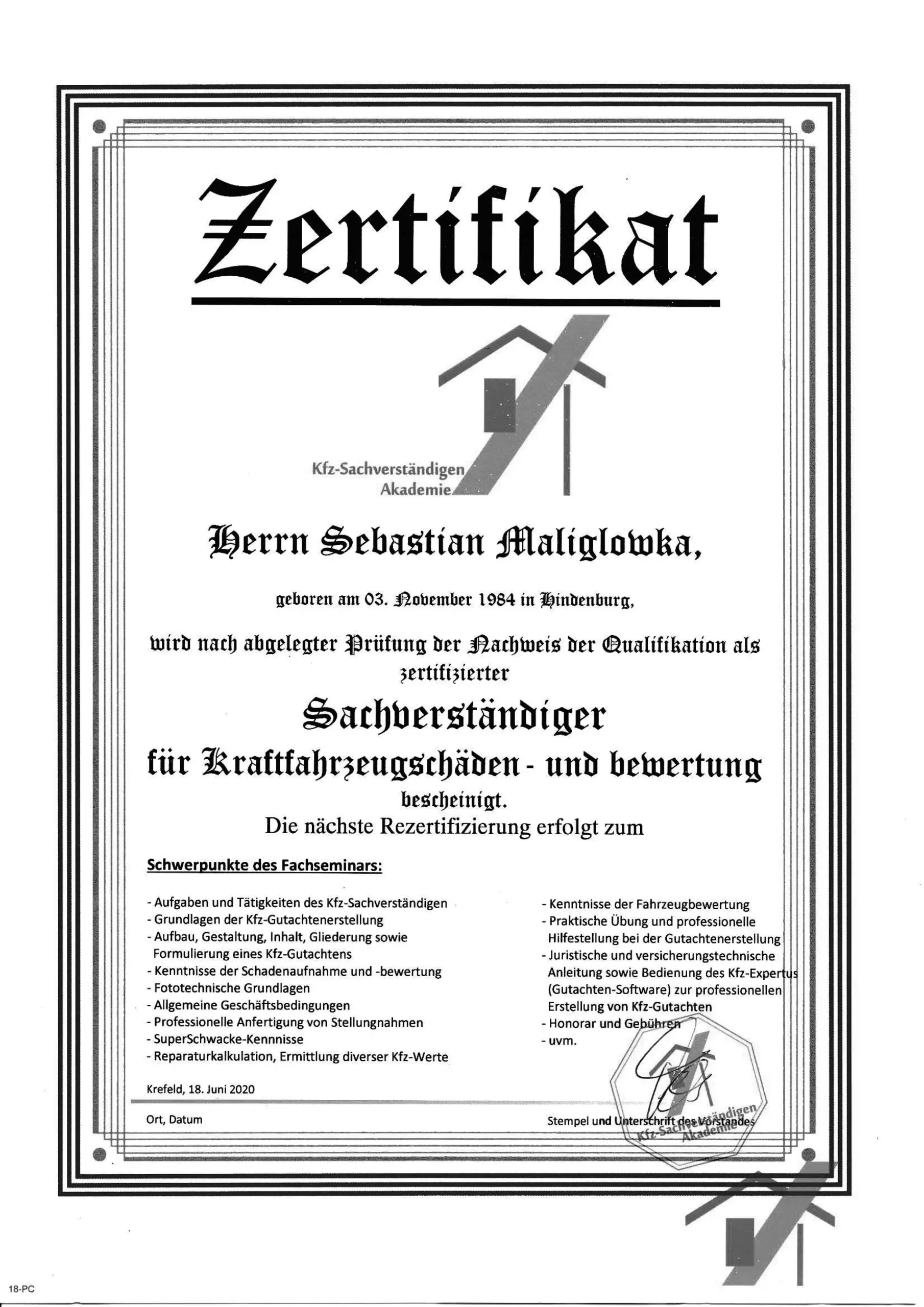 Zertifikat-Kfz-Sachverständiger